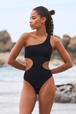 One-Piece Swimsuit with Side Cut-Outs in Stretchy Material;${refinementColor}