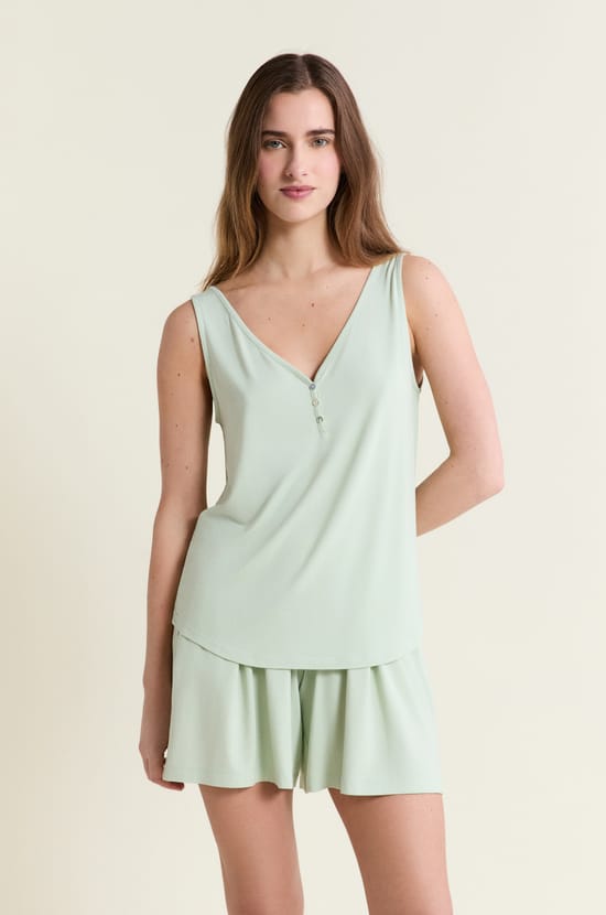 Top de pijama sin mangas con cuello en V de modal;${refinementColor}