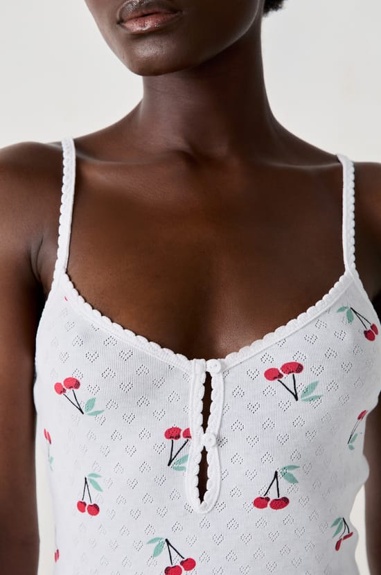 Short nightdress with thin straps in floral pointelle;${refinementColor}