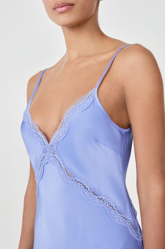 Long satin nightdress with lace details;${refinementColor}