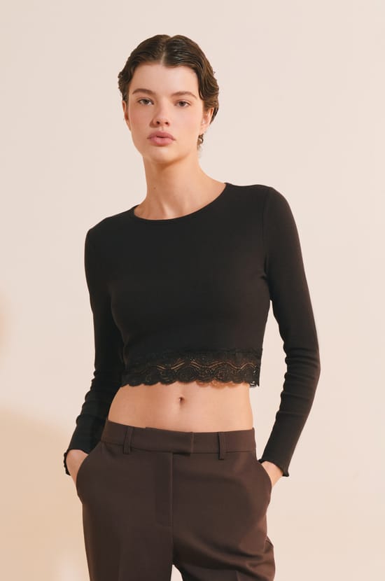 T-shirt court manches longues avec dentelle en coton;${refinementColor}