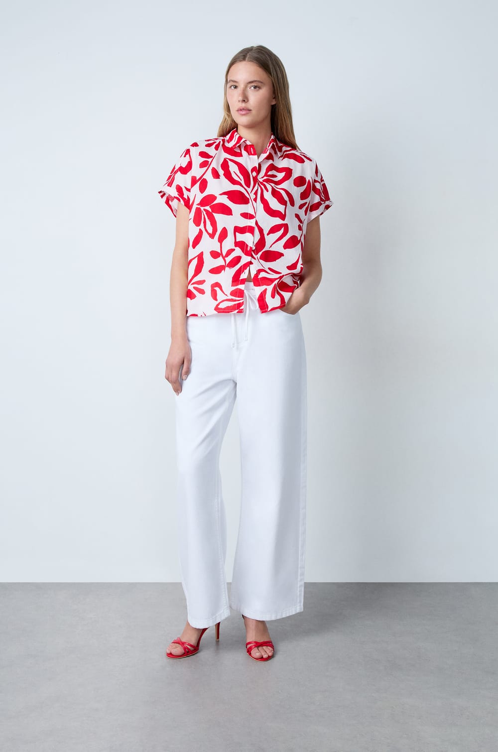 Short-Sleeved Cotton Shirt With Floral Print;${refinementColor}