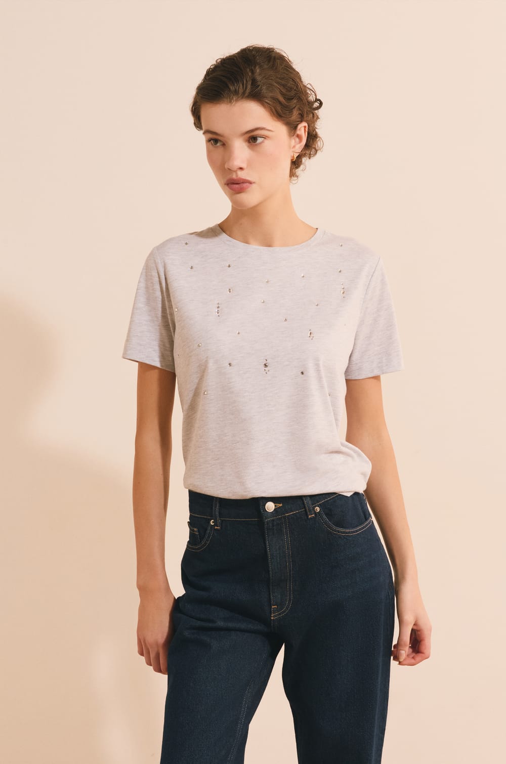 T-shirt &agrave; manches courtes en coton avec strass;${refinementColor}