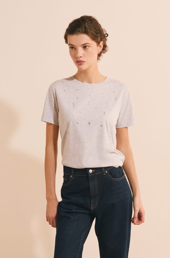 T-shirt &agrave; manches courtes en coton avec strass;${refinementColor}
