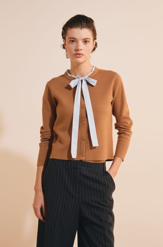Cardigan &agrave; manches longues avec lien &agrave; nouer;${refinementColor}