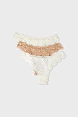 Pack of 3 Cotton and Lace Thongs;${refinementColor}