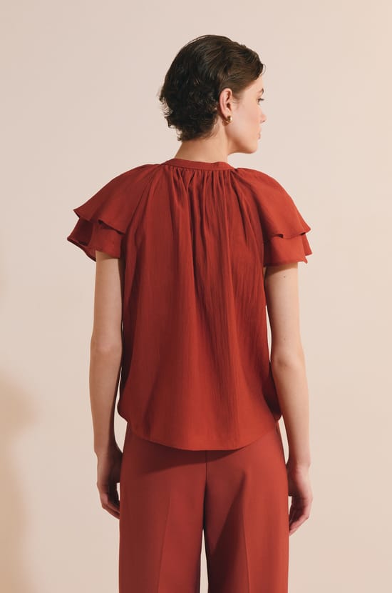 Top manches courtes bouffantes &agrave; nouer;${refinementColor}