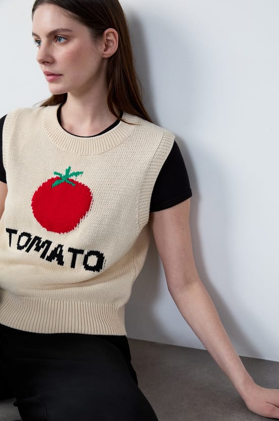 Sleeveless "Tomato" print sweater;${refinementColor}