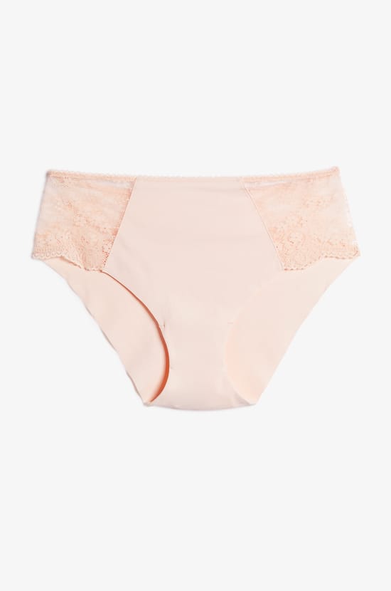 Bi-Material Midi-Rise Briefs with Lace Panels;${refinementColor}