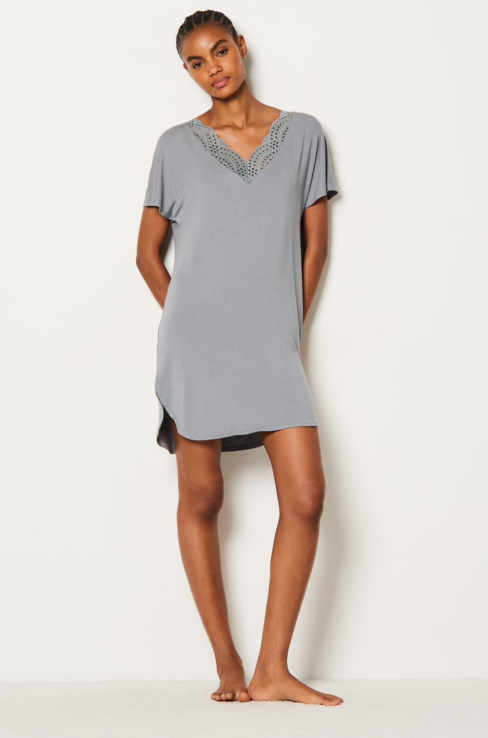 Modal nightshirt with lace neckline;${refinementColor}