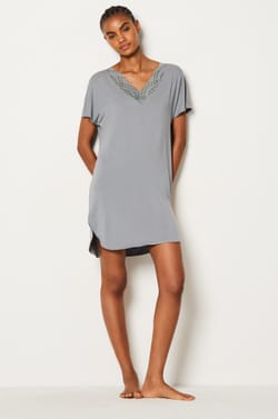 Modal nightshirt with lace neckline;${refinementColor}