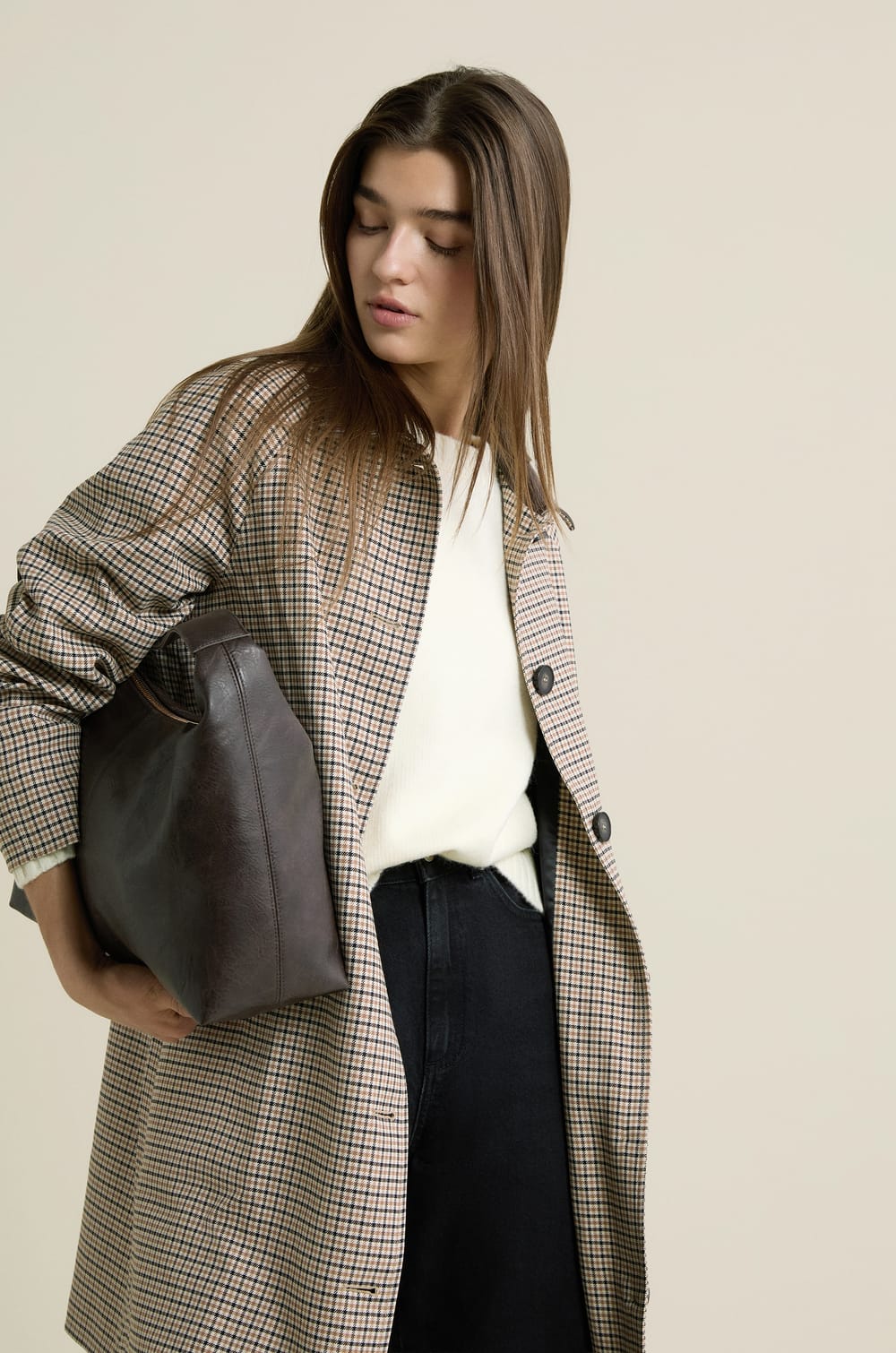 Long Checkered Trench Coat;${refinementColor}