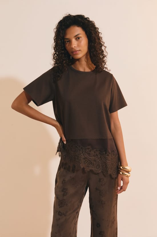 T-shirt asym&eacute;trique avec dentelle en coton;${refinementColor}