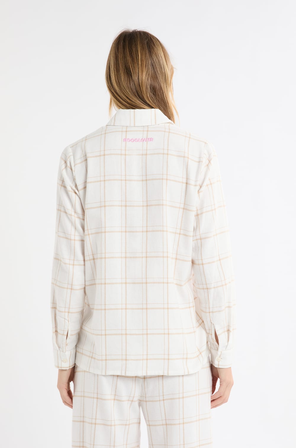 Checkered Pyjama Shirt with Dachshund Embroidery in Cotton;${refinementColor}