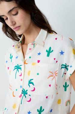 Chemise de pyjama imprimée manches courtes en lin et viscose;${refinementColor}