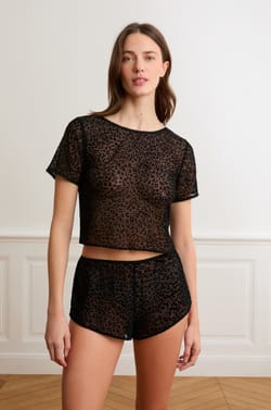 Top van geflockeerde luipaardtule;${refinementColor}