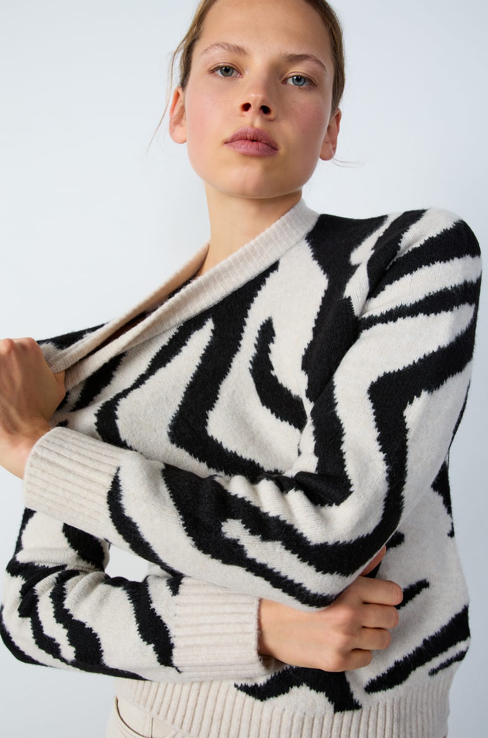 Round Neck Zebra Print Sweater;${refinementColor}