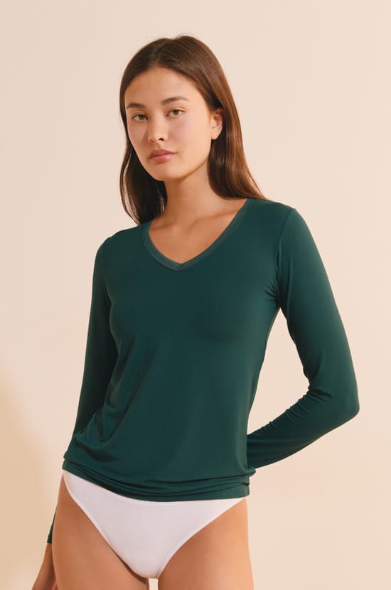 T-shirt col V maille thermique;${refinementColor}