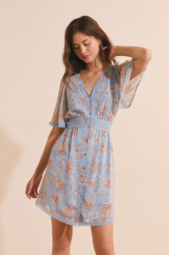 Robe longue col v &agrave; motifs;${refinementColor}