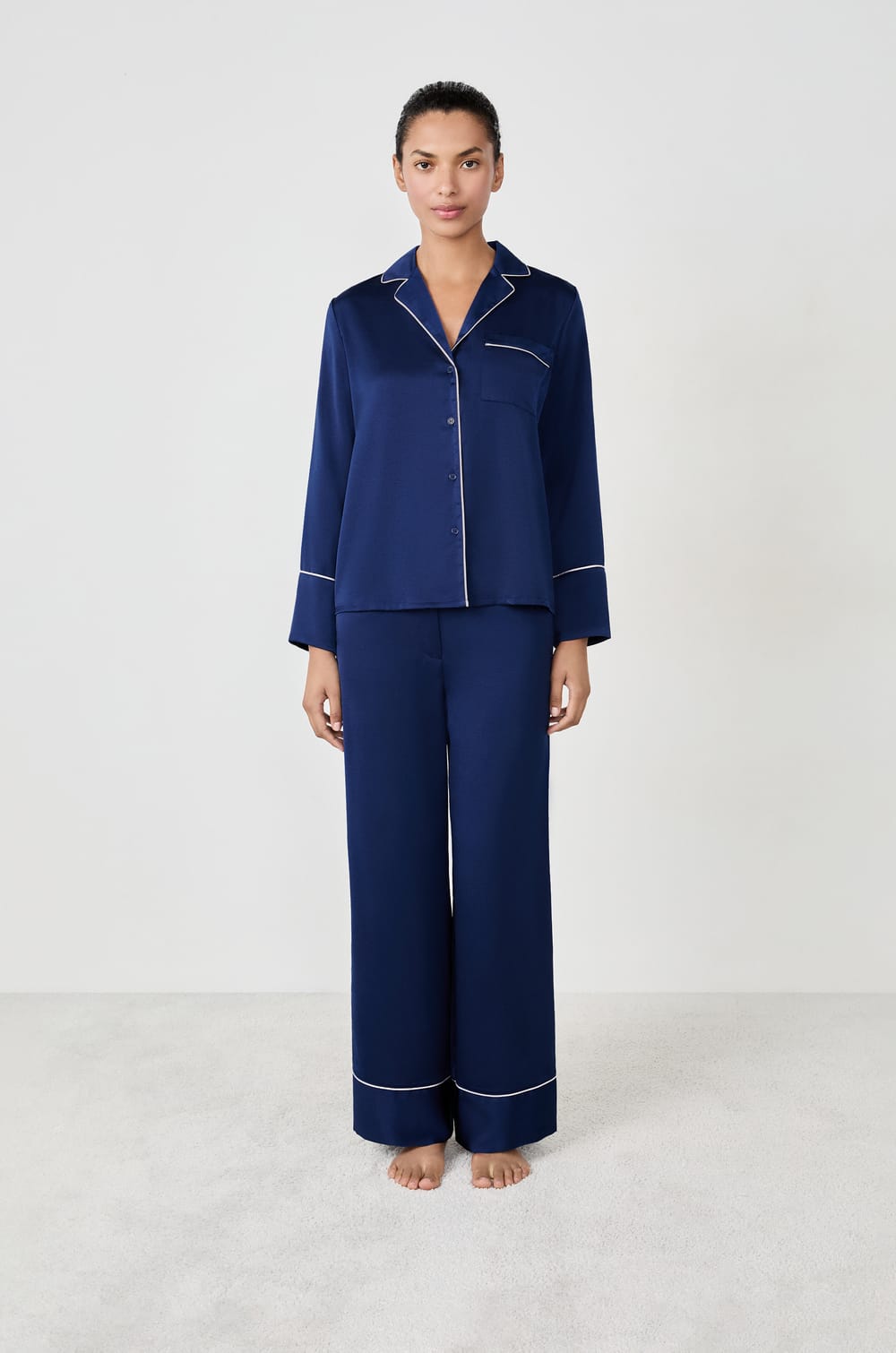 Striped Satin Pajama Shirt;${refinementColor}