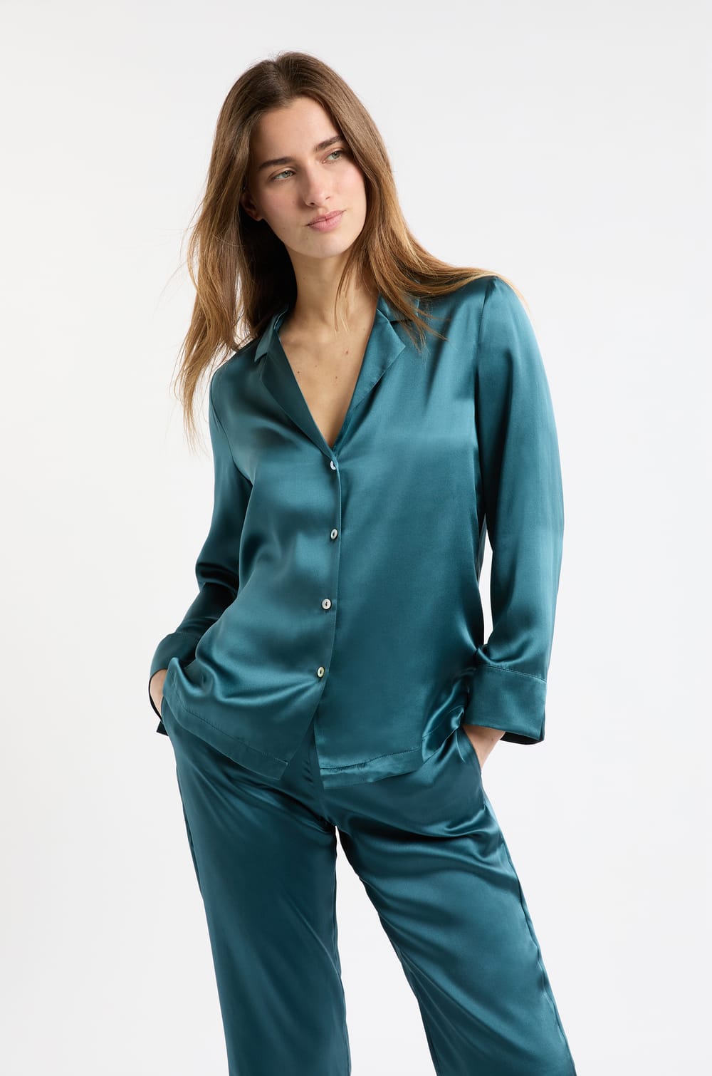 Chemise de pyjama manches longues en soie;${refinementColor}