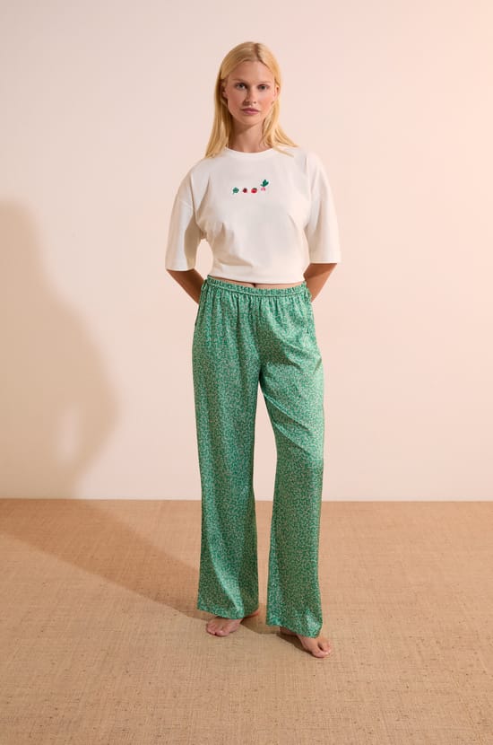 Pantalon de pyjama satin&eacute; &agrave; motifs;${refinementColor}