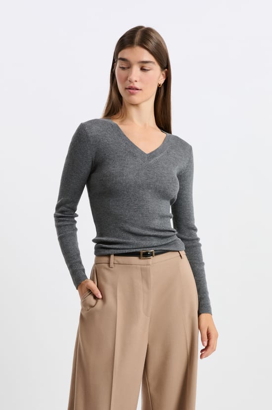 V-neck Sweater with Wool;${refinementColor}