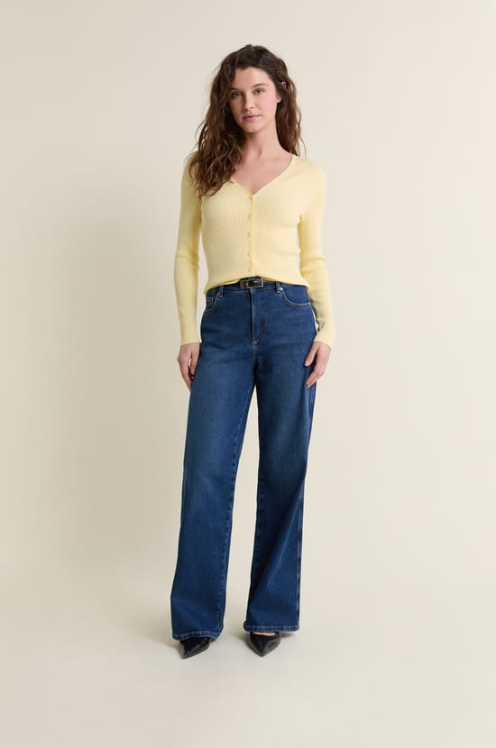 Pull cardigan manches longues en maille c&ocirc;tel&eacute;e;${refinementColor}