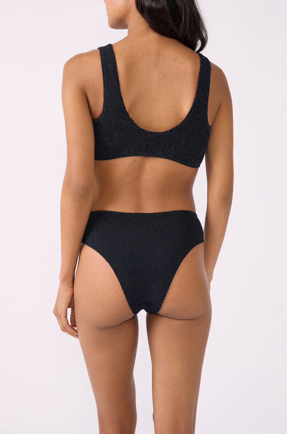 High-leg bikini bottom in stretchy glittery fabric;${refinementColor}