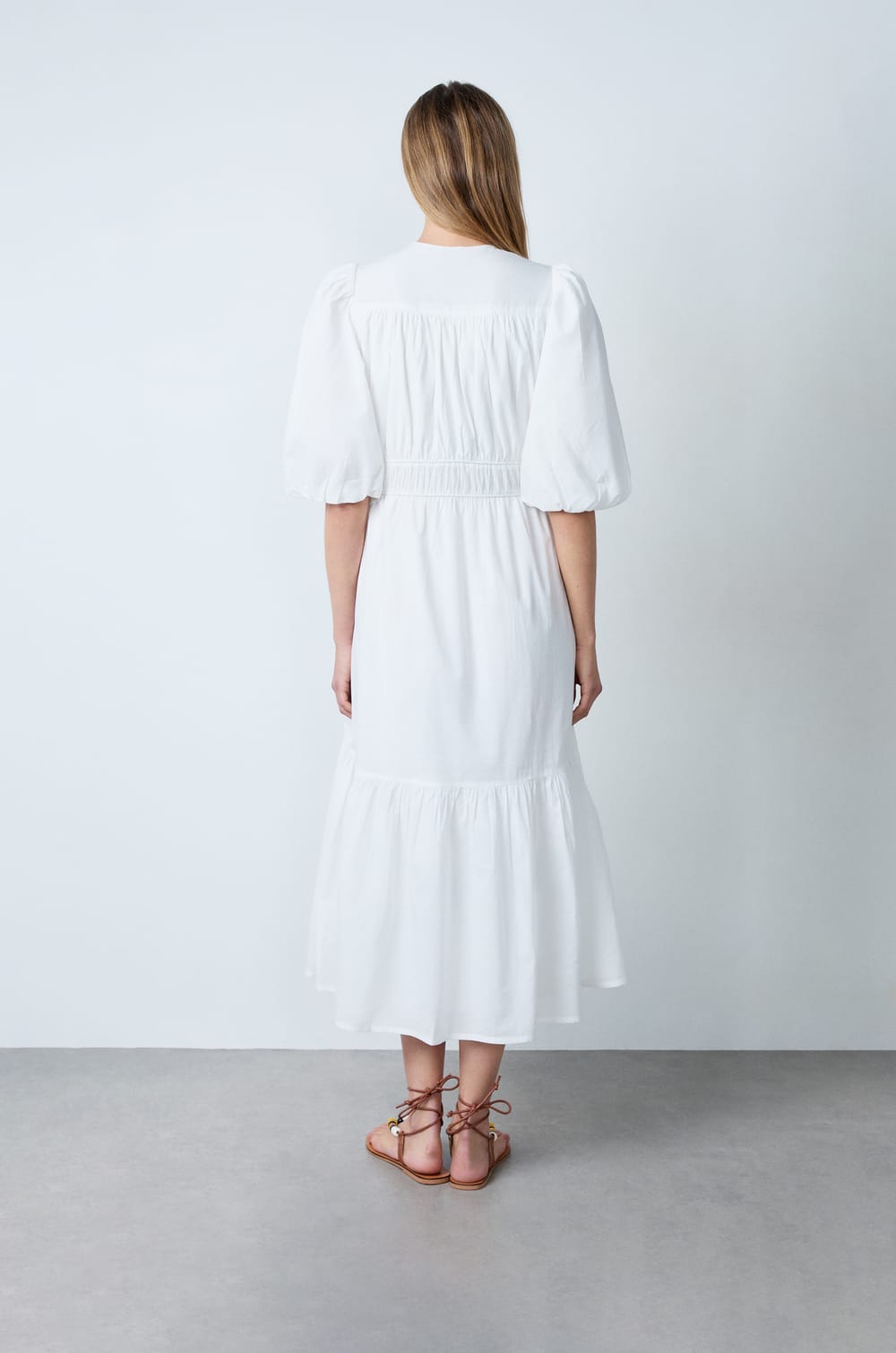 Mid-length cotton dress with puff sleeves;${refinementColor}
