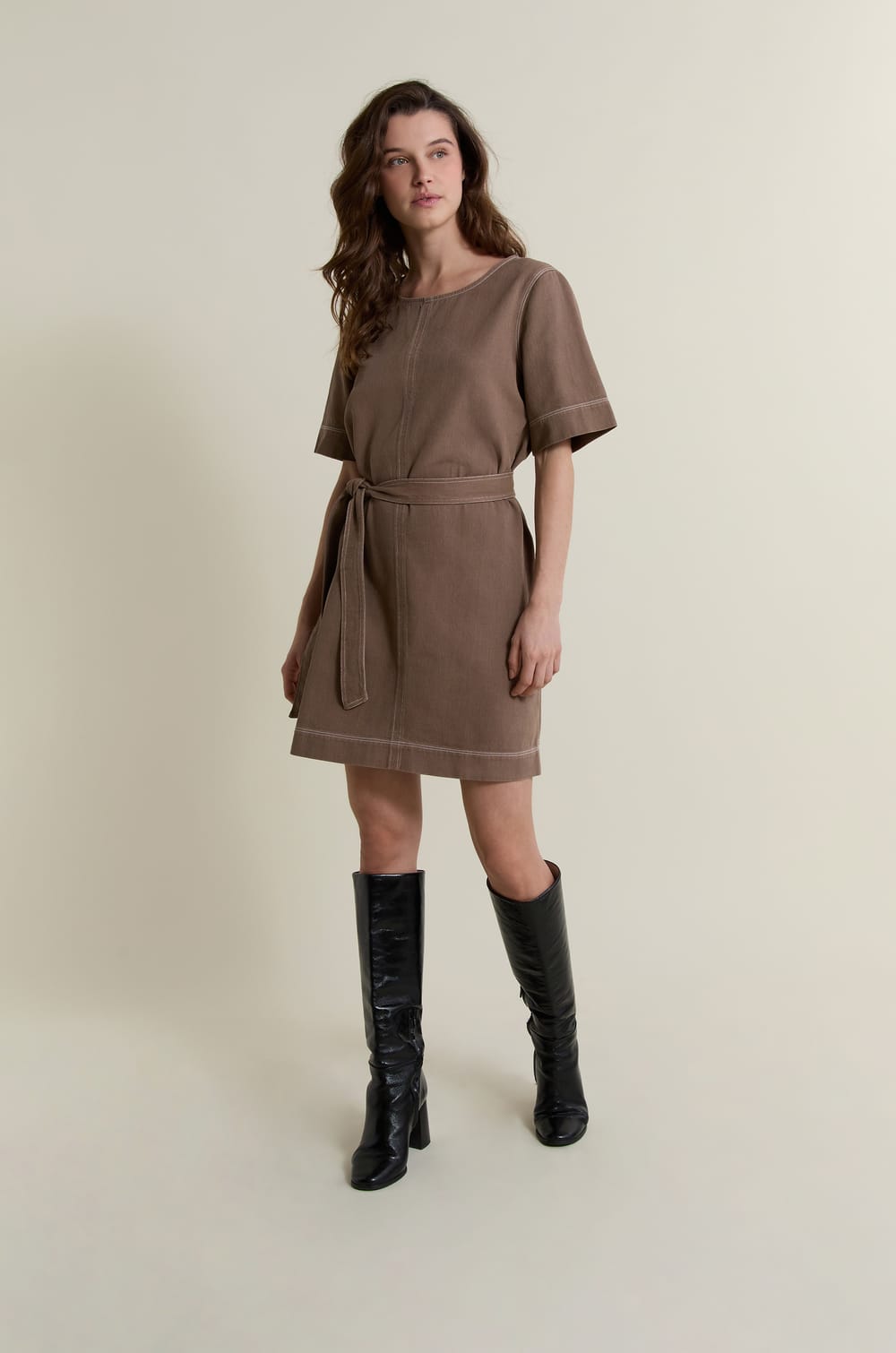 Belted Cotton Dress;${refinementColor}