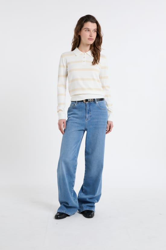 Pull col polo &agrave; manches longues &agrave; rayures;${refinementColor}