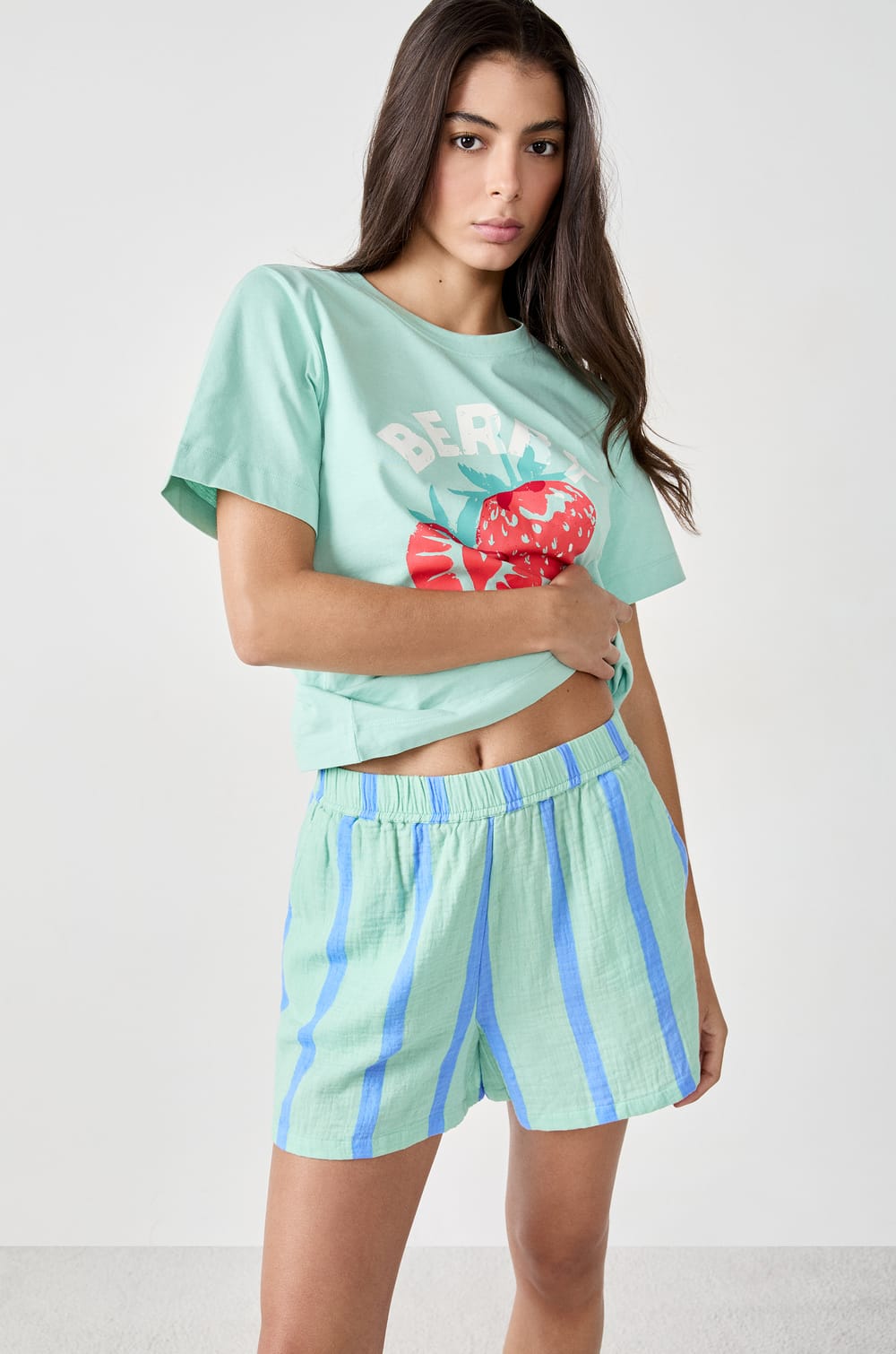 Striped Cotton Pajama Shorts;${refinementColor}