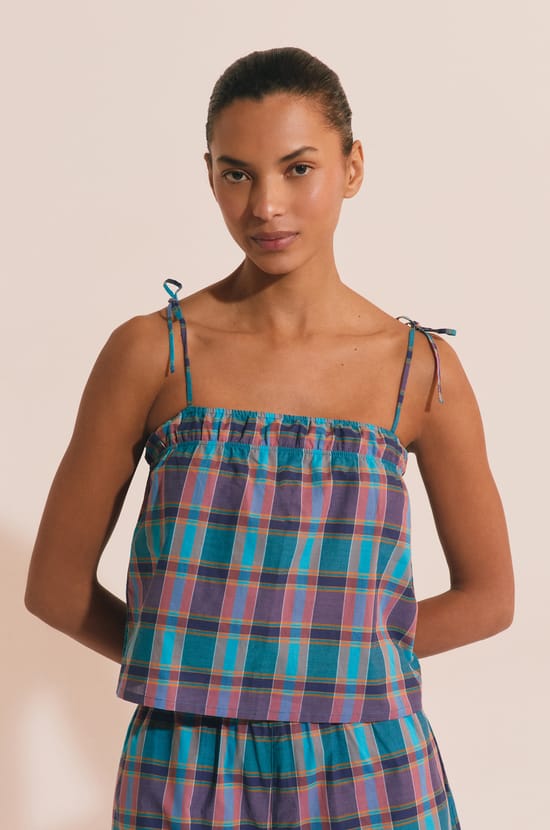 Caraco de pyjama &agrave; carreaux en coton;${refinementColor}