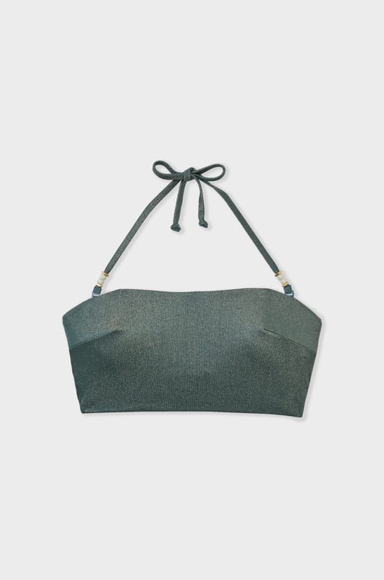 Iridescent tie-front bandeau bikini top;${refinementColor}