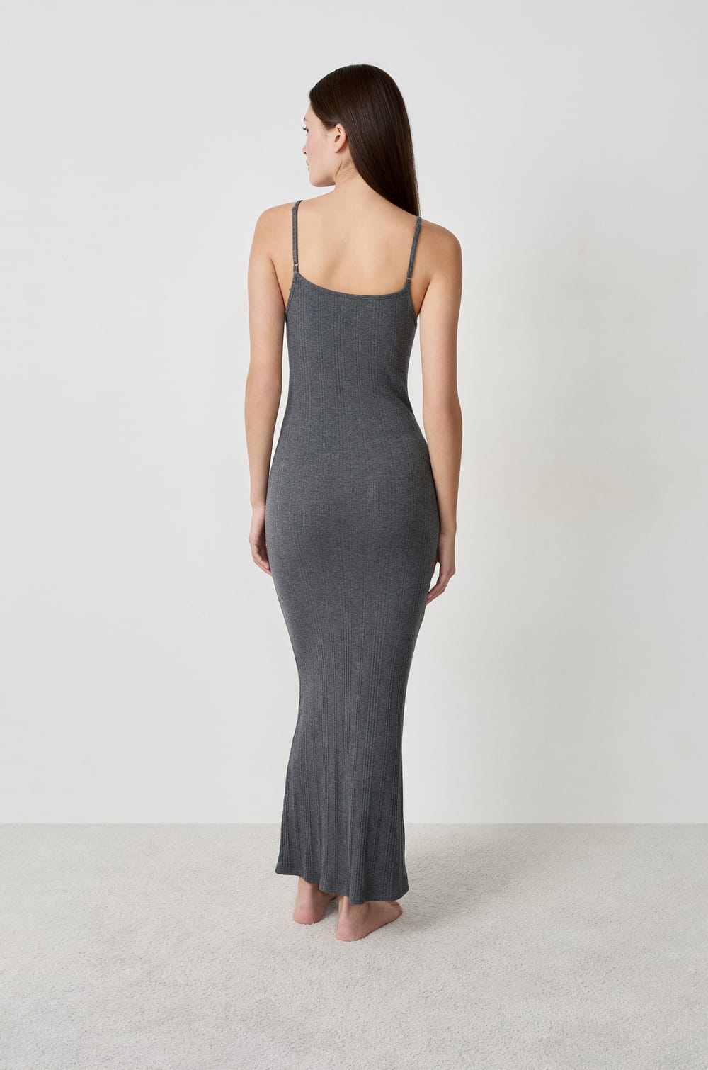 Long ribbed nightdress with thin straps;${refinementColor}
