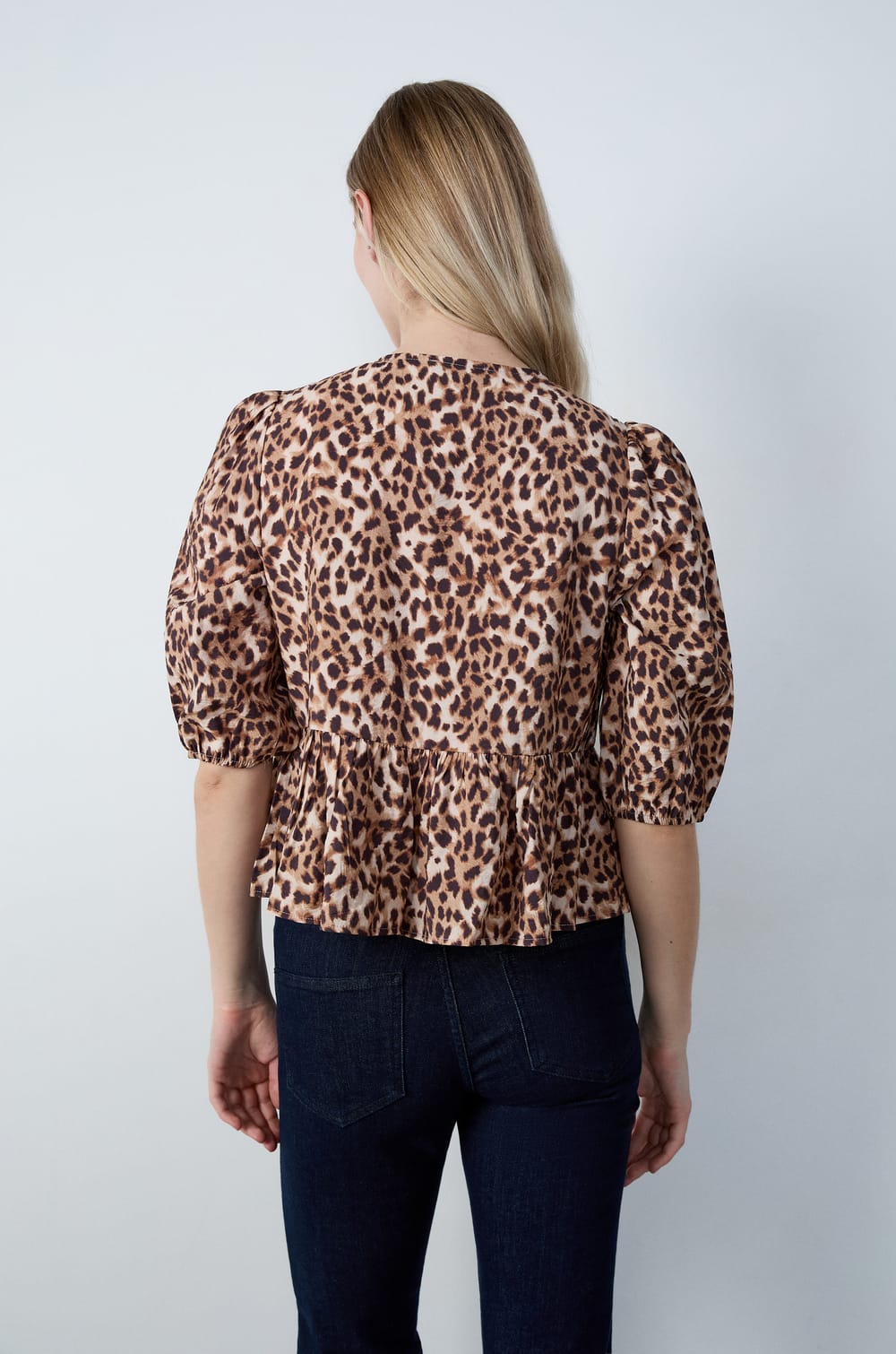 Leopard Print Front-Tie Blouse;${refinementColor}