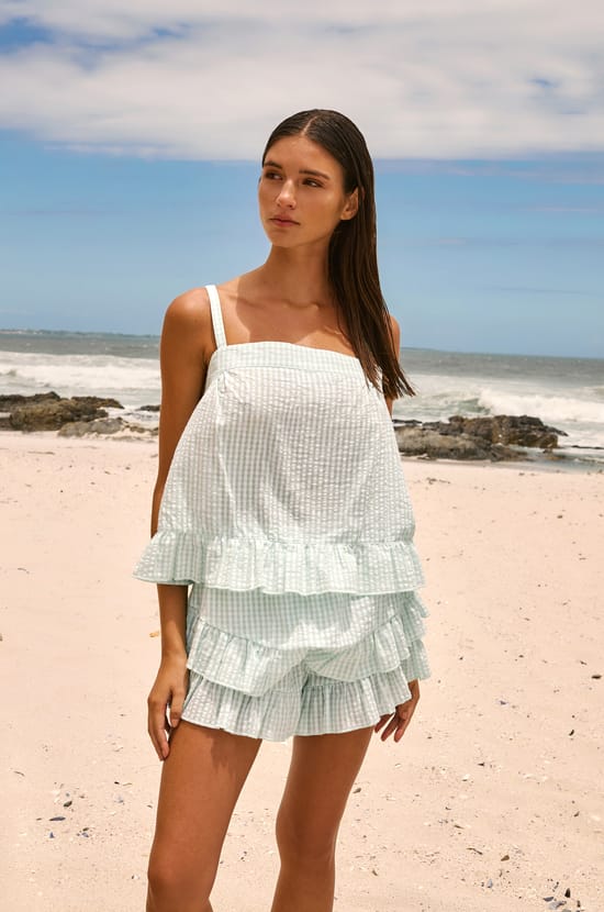 Top de algod&oacute;n con estampado de cuadros vichy;${refinementColor}