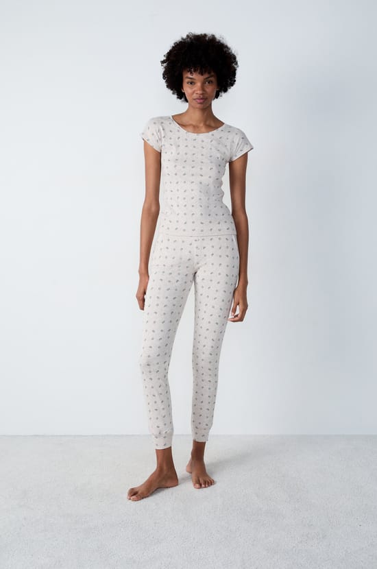 Short-sleeved cotton T-shirt with heart-shaped pointelle pattern;${refinementColor}