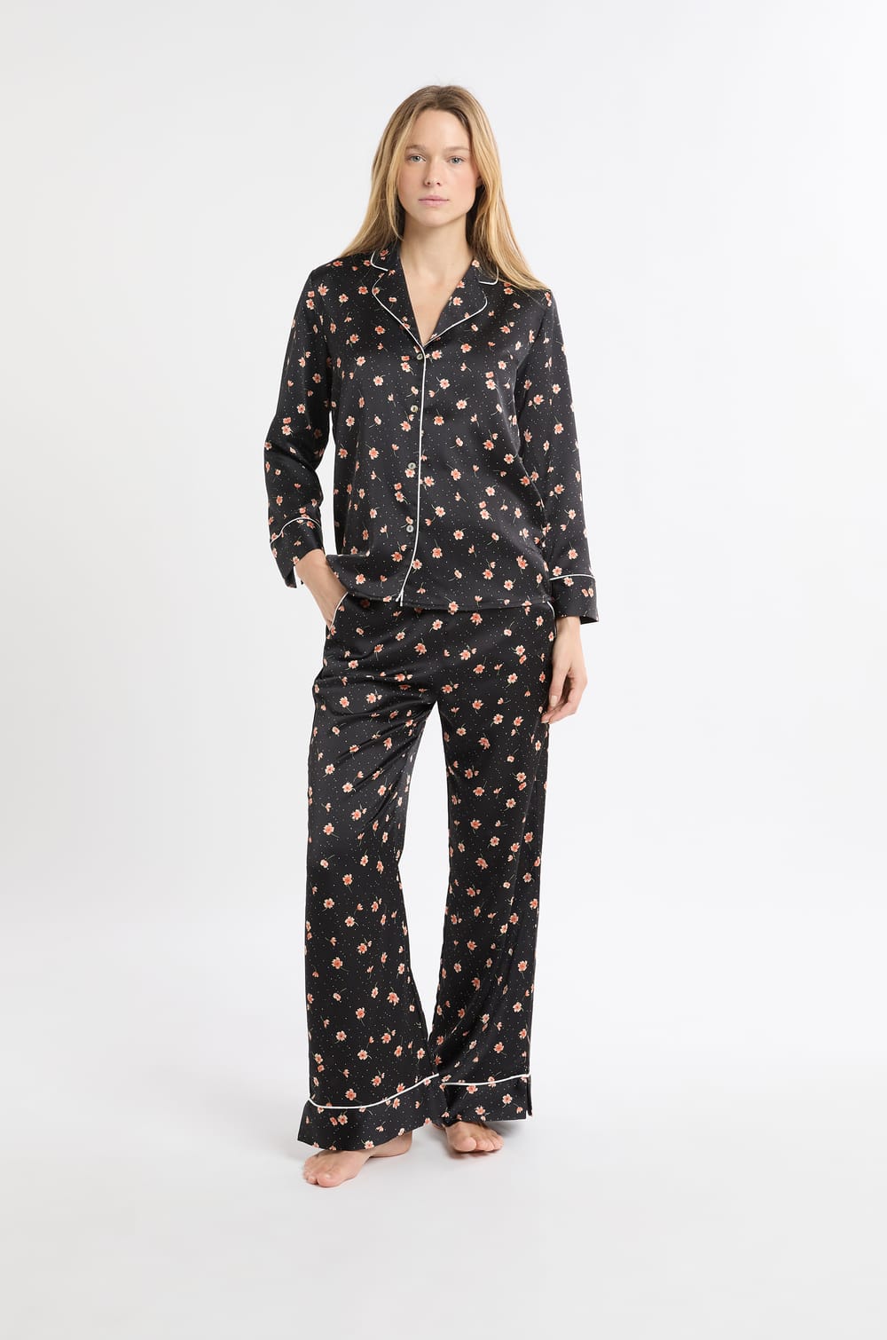 Floral Print Satin Pyjama Shirt;${refinementColor}