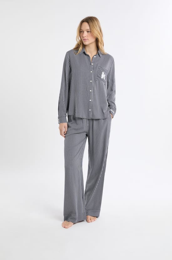 Pyjama Hemd mit Streifen und Pudel-Stickerei;${refinementColor}