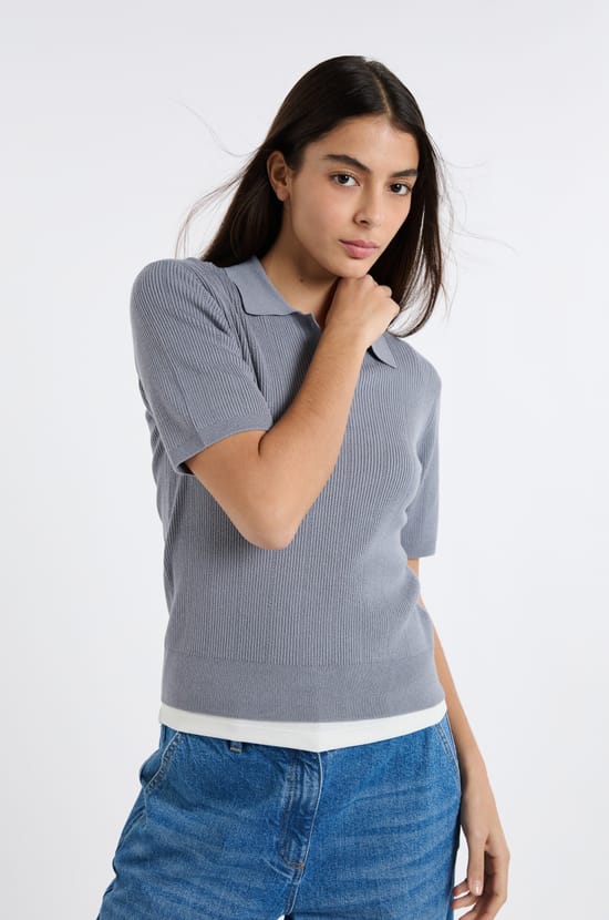 Short-sleeved polo in fine pointelle knit;${refinementColor}