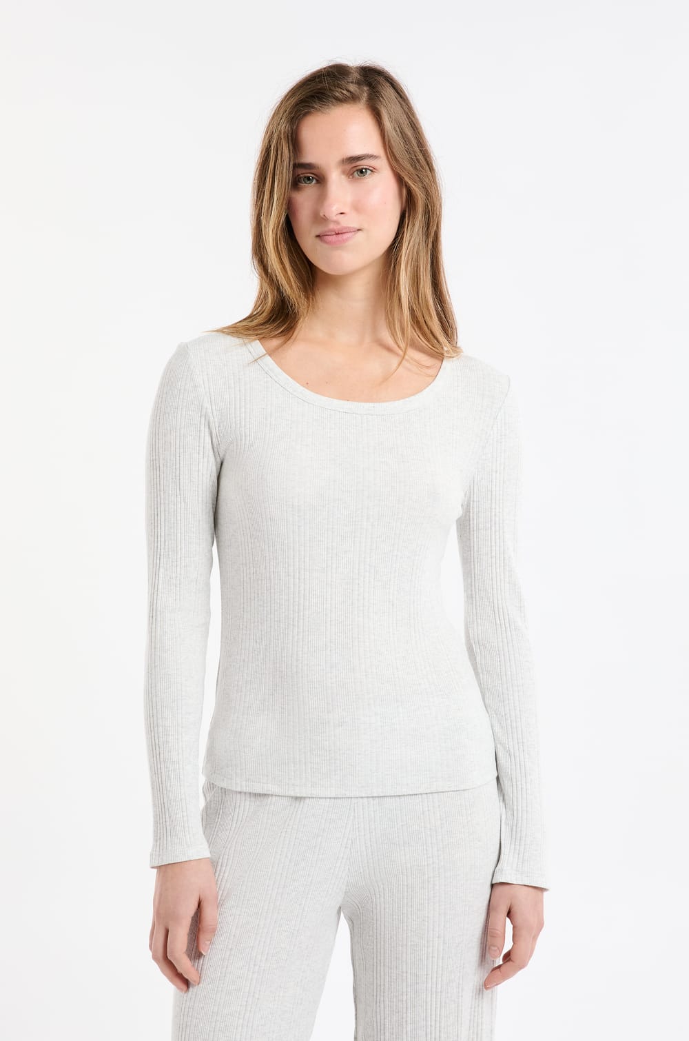 T-shirt de pyjama manches longues côtelé en coton;${refinementColor}