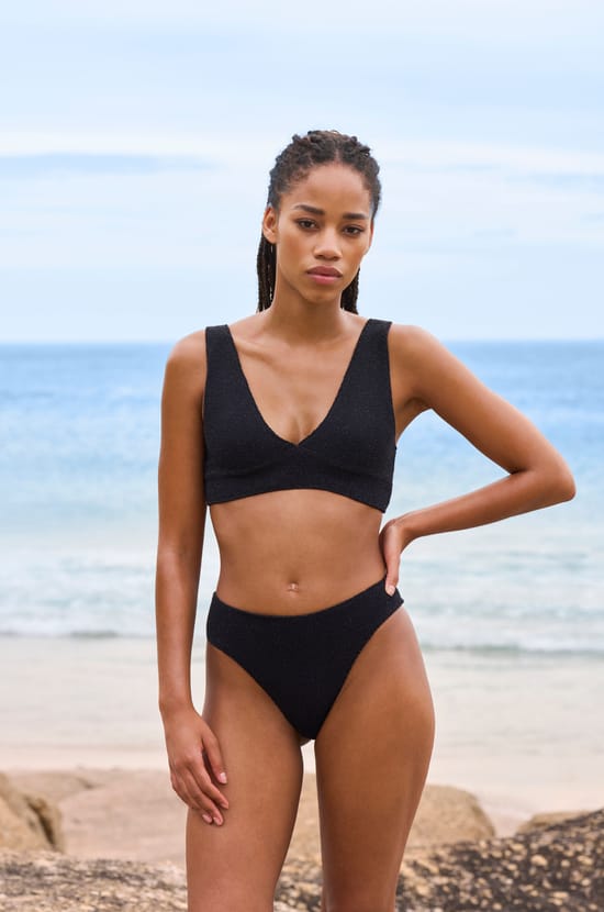 High-leg bikini bottom in stretchy glittery fabric;${refinementColor}