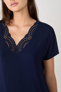 Modal nightdress with lace neckline;${refinementColor}