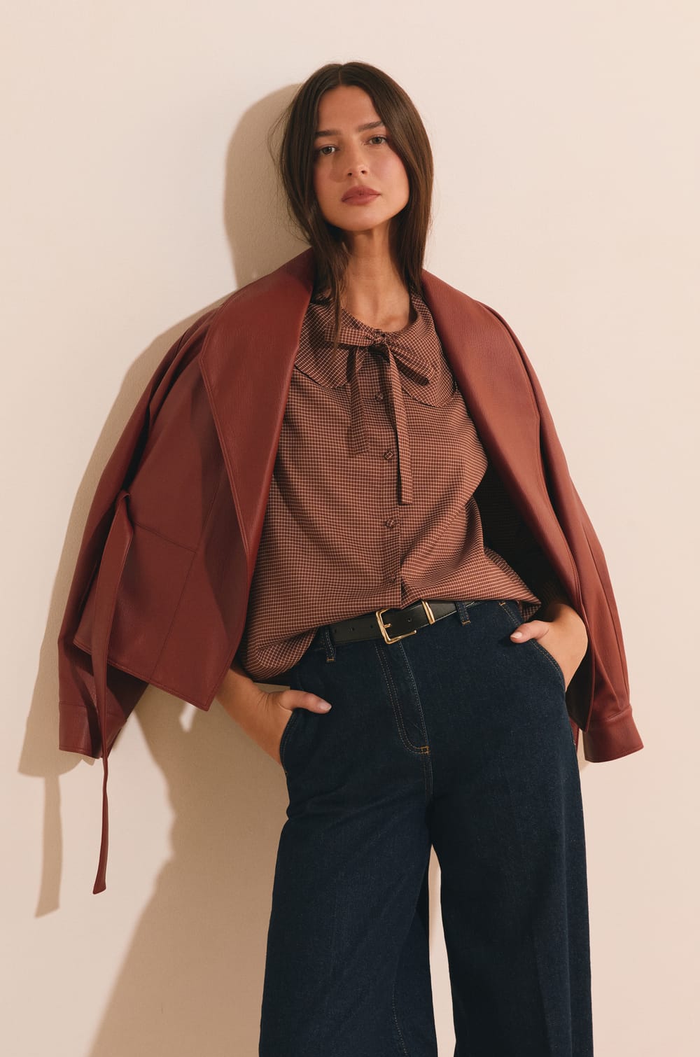 Chemise col claudine &agrave; carreaux;${refinementColor}