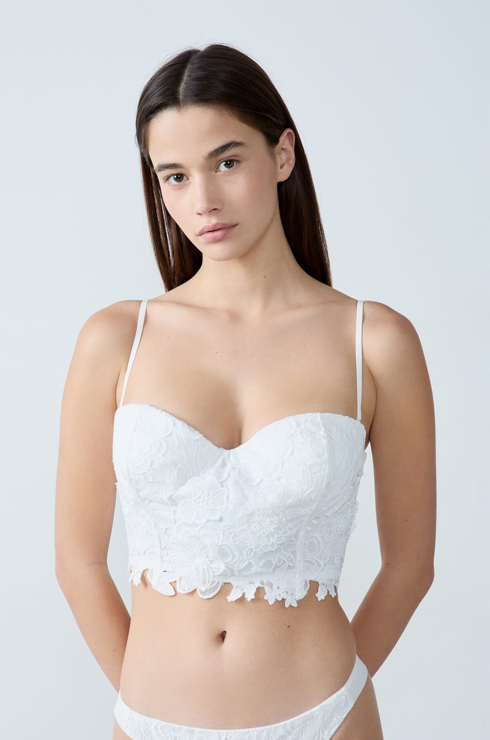 Lightly Lined Bustier Bra with Embroidery;${refinementColor}