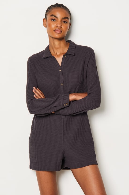 Buttoned Waffle Short Jumpsuit;${refinementColor}