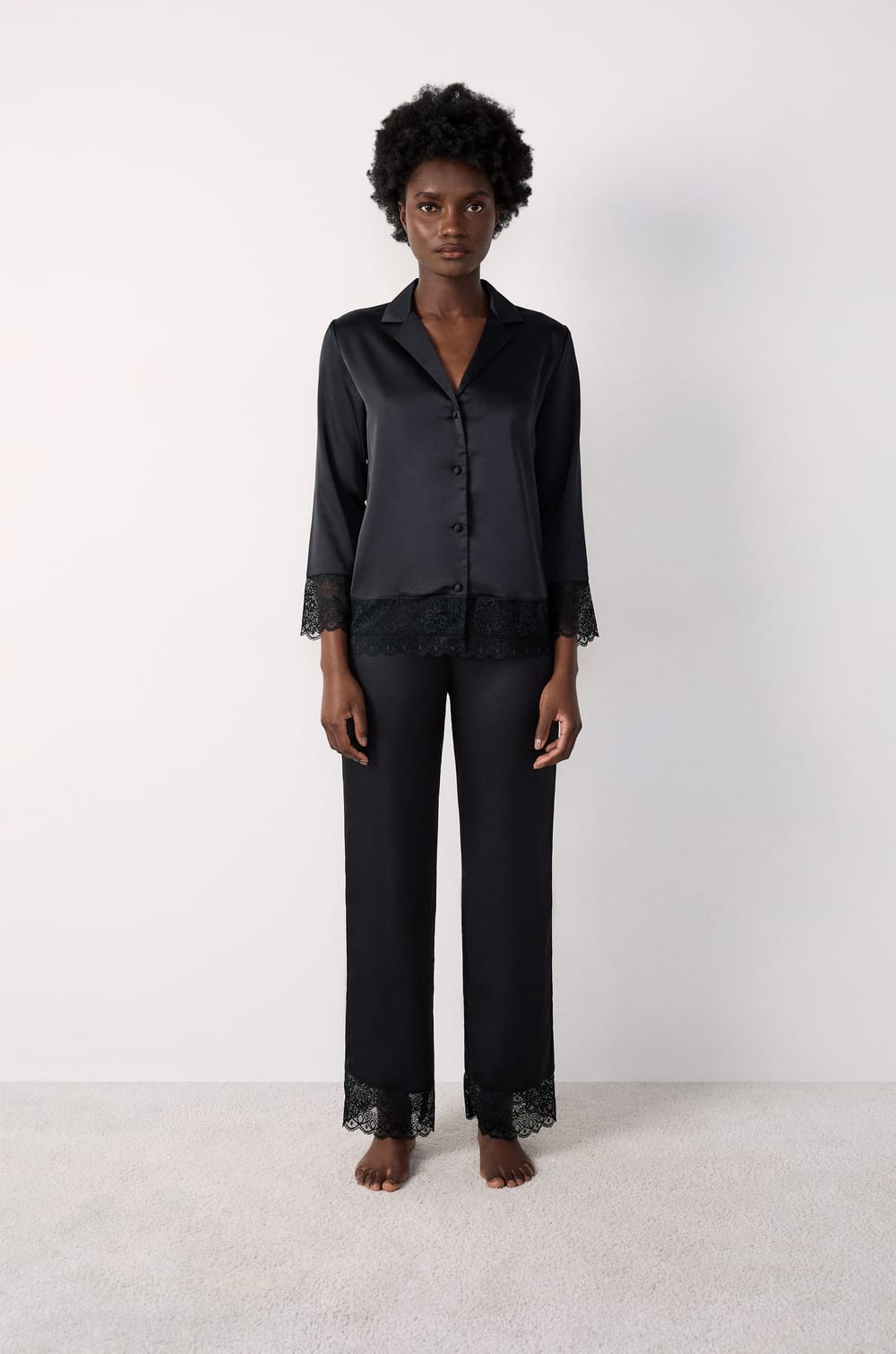 Satin pyjama shirt with lace details;${refinementColor}