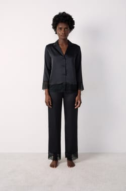 Satin pyjama shirt with lace details;${refinementColor}